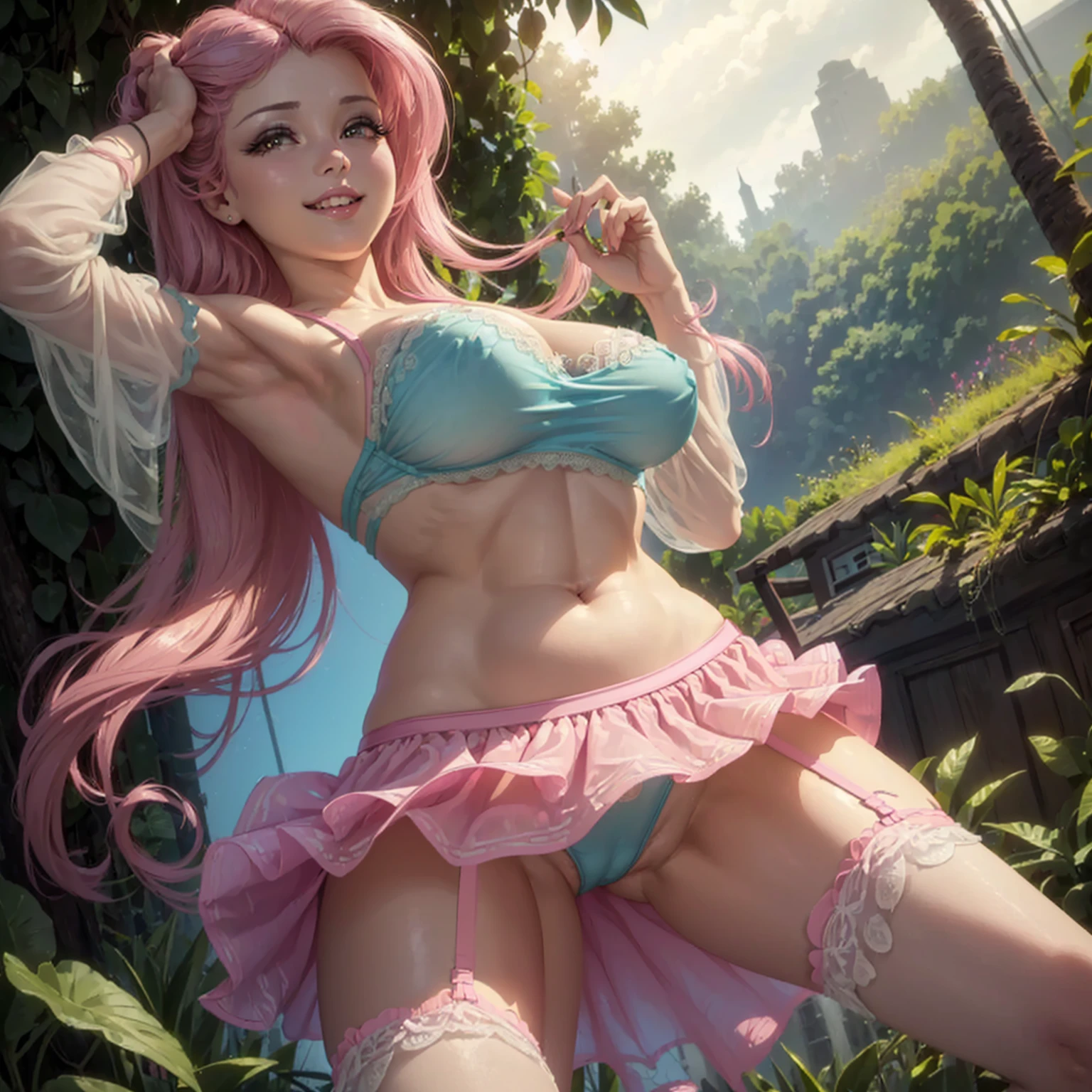 (((beautiful female body))),(((fluttershy as a sweet charming hot seductive horny model))) ,(((stand hold a pink lace skirt with hands)))), (((outdoor))),(((jungle in background))),(((lewd and erotic posing))), (((happy wicked smile))) ,(((wear seven colors sheer lace transparent see through very short bra))) , (((((upskirt view))))) , breasts are visible , (((wear high heels))) , (((full body))),golden bracelets , (((perfect big breasts))) , lush breasts , Bulky Breasts , voluminous breasts ,(((peeping the viewer))),(((bare belly))),(((side close upskirt view)))