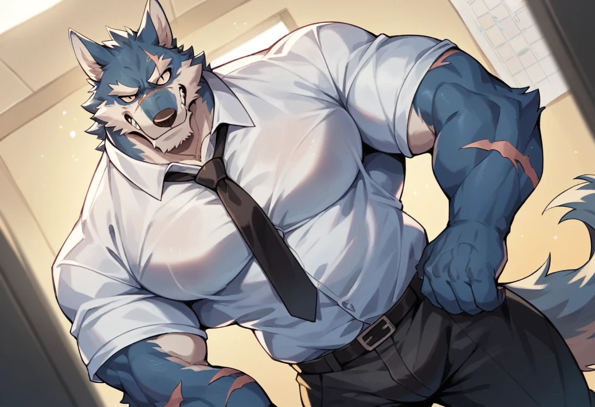 A muscular, furry wolf, blue eyes, Perverted in the morning, is cum