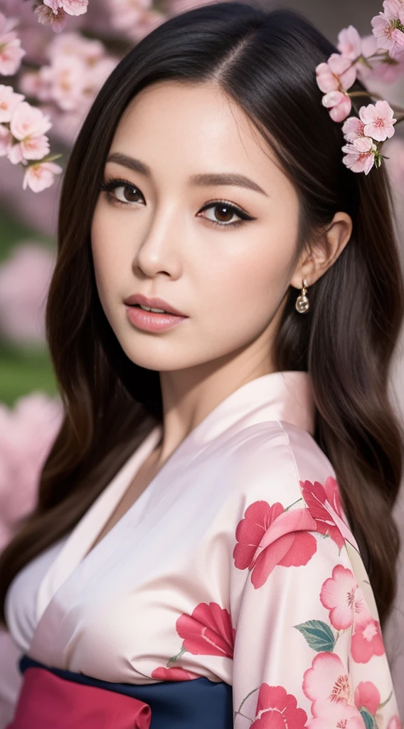 (Kimono made of cherry blossoms,lots of roses),Contemporary art,Complex design,top-quality,8K,tmasterpiece:1.3,Clear focus:1.2,Beautiful Women in Perfect Figure:1.4,Highly Detailed Face and Skin Textur,Detailed eyes,cparted lips,Long legs,fully body photo,
