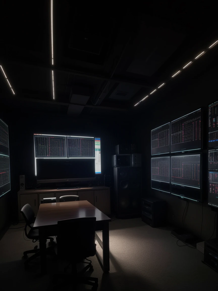 a hacker room that has a large server center with cables and lights, a very robust dedicated server with a lot of technology, dark bedroom, low lighting, ultra realistic detail 8k (3 LARGE MONITORS)