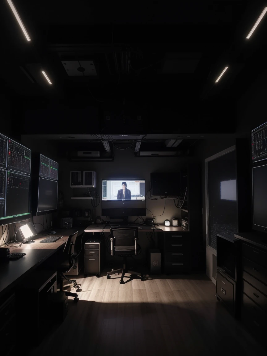 a hacker room that has a large server center with cables and lights, a very robust dedicated server with a lot of technology, dark bedroom, low lighting, ultra realistic detail 8k (3 LARGE MONITORS)