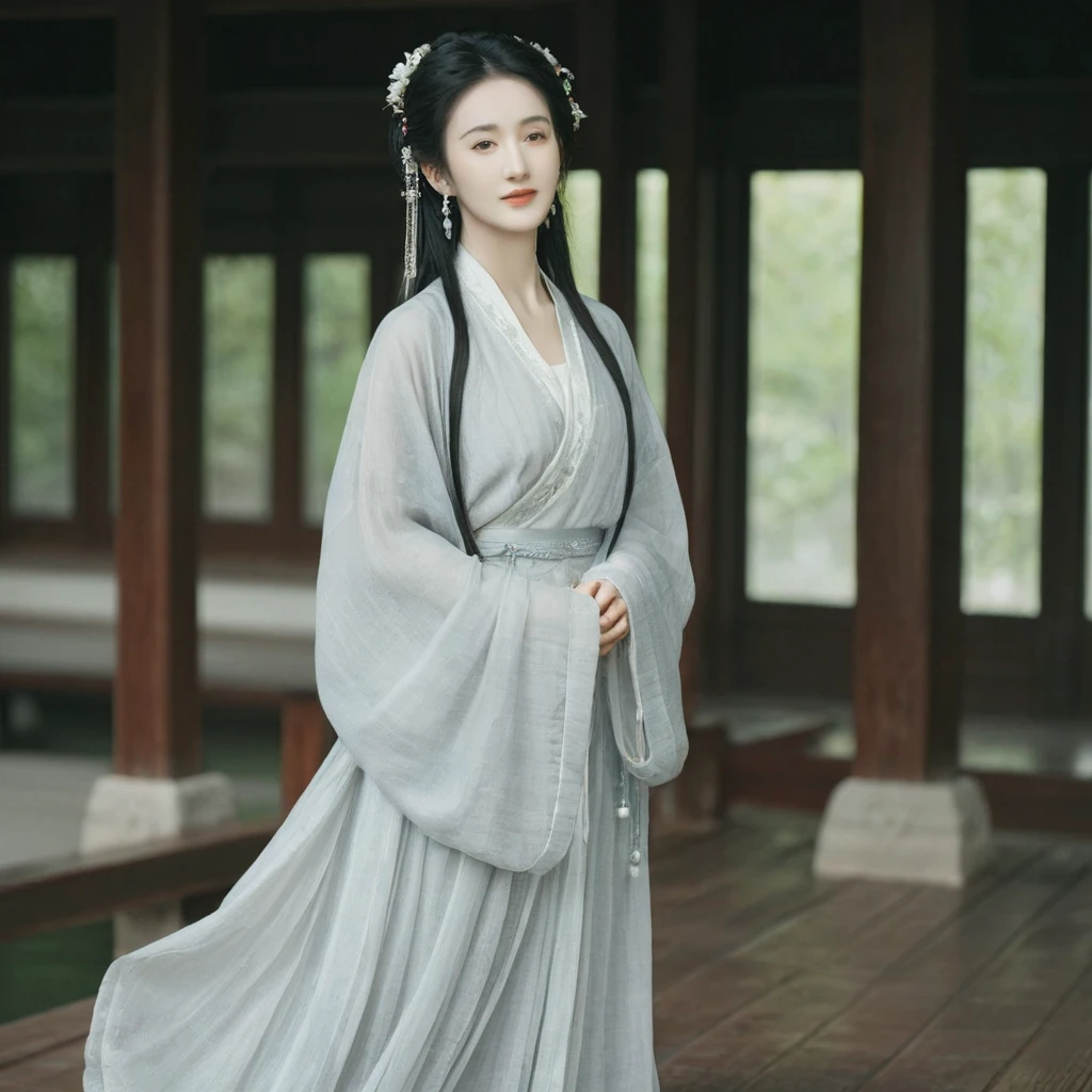 Liu Yifei wears gray hanfu, light smile, Stunningly Beautiful girl, dark red eyes, side-wet long hair, long ringlets, details, film lighting effect, light-dark contrast, huge round breasts, pearl earrings, crouch on wood floor, from below, full body shot, soft lights on face, dusk, windy, warm tone.