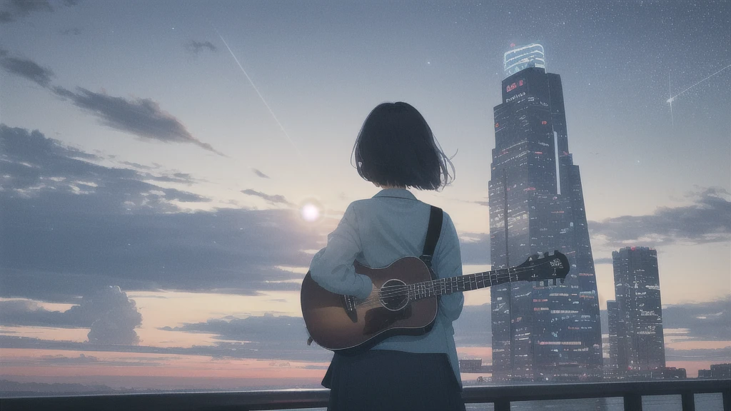 Acoustic guitar,真っ暗なnight空,Octane, star (null), scenery, Blue parakeet,Acoustic guitarは身体の前,star, night, Girl, Back view, Outdoor, city,Blue parakeet,building, cloud, milky way,silhouette