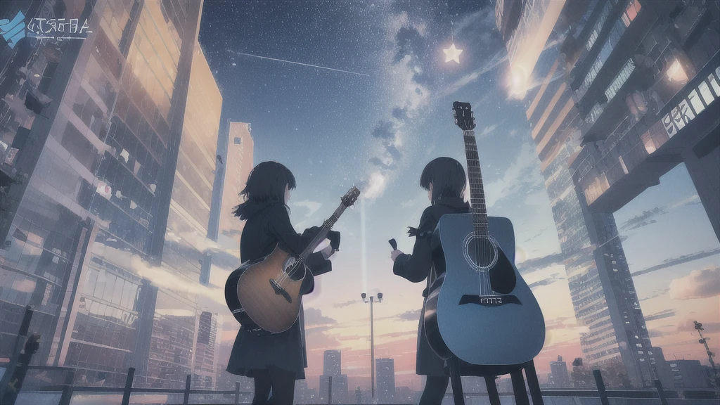 Acoustic guitar,真っ暗なnight空,Octane, star (null), scenery, Blue parakeet,Acoustic guitarは身体の前,star, night, Girl, Back view, Outdoor, city,Blue parakeet,building, cloud, milky way,silhouette