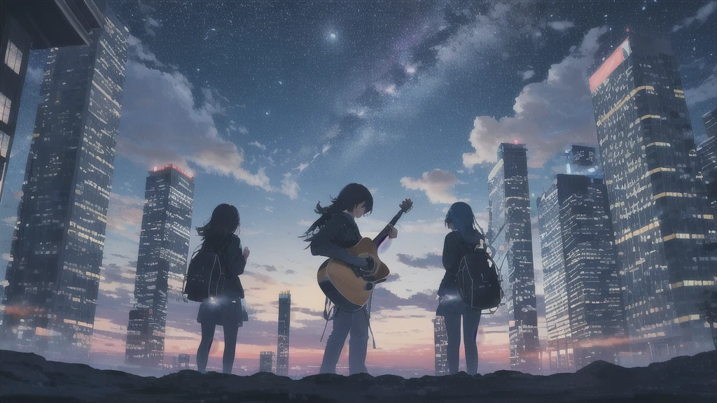 Acoustic guitar,真っ暗なnight空,Octane, star (null), scenery, Blue parakeet,Acoustic guitarは身体の前,star, night, Girl, Back view, Outdoor, city,Blue parakeet,building, cloud, milky way,silhouette