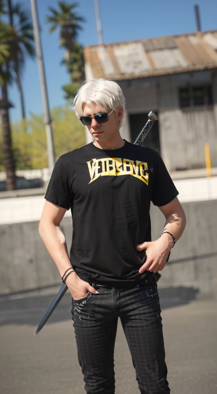 Best quality , 4K HD , white hair Boy with black sunglasses , black skinny jeans , sword at the back of his body , realistic , epic 