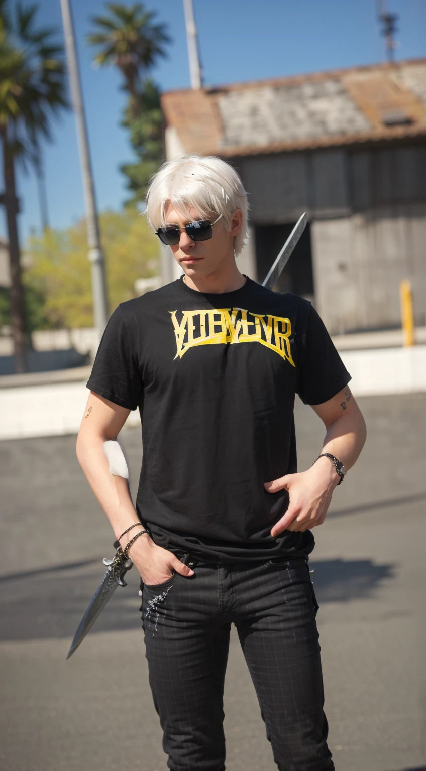 Best quality , 4K HD , white hair Boy with black sunglasses , black skinny jeans , sword at the back of his body , realistic , epic