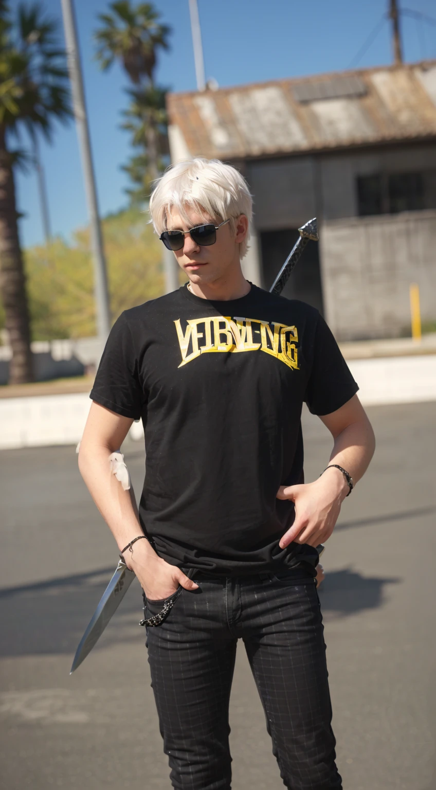 Best quality , 4K HD , white hair Boy with black sunglasses , black skinny jeans , sword at the back of his body , realistic , epic