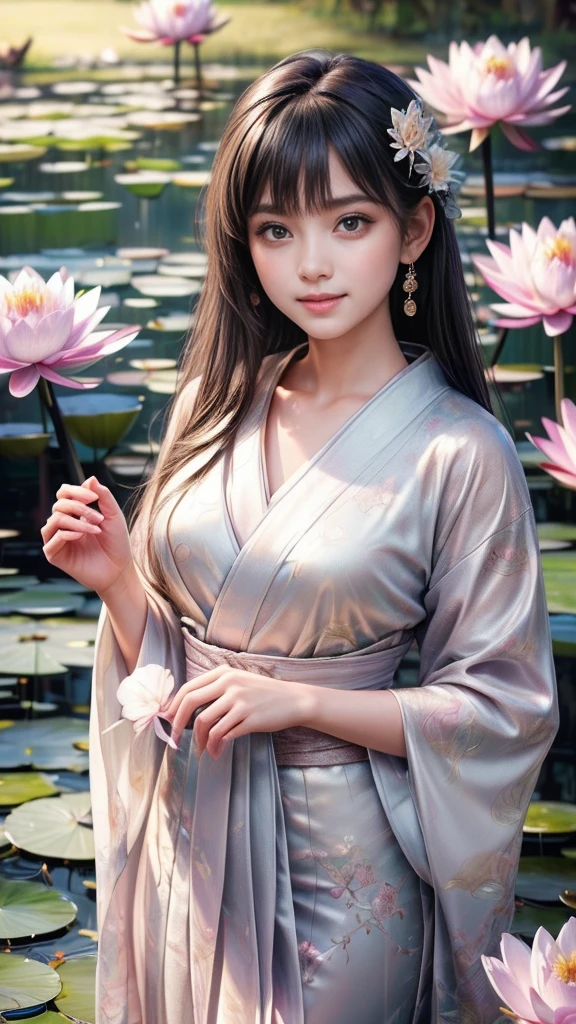 multiple exposure, masterpiece:1.2, highest quality, 16k, highres, ultra-realistic, photorealistic:1.37, beautiful detailed:1.2, cute girl, standing on a bridge spanning a water lilies pond, jet black long straight hair, blunt bangs, pond(colorful water lilies, full of water lilies), beautiful delicate elegant kimono with a water lilies motif, Beautiful and elegant pose, gently smile, beautiful delicate(hair, face, long eyelash, eyes, pupils, lips, kimono, water lilies, pond), sparkling eyes, shining rosy lips, blushed cheek, through bangs