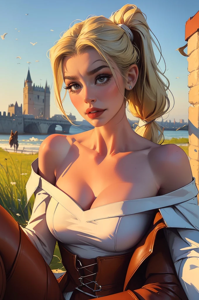 photorealistic,realistic, solo, photorealistic, best quality, ultra high res, 1girl,, sits , blonde hair in a ponytail, (big boobs), wearing a small short dress ( in leather),off-shoulder, breeze blowing through the grass,, , 1girl, ((Middle Ages)), (((medieval fantasy))), ((viking)), beautiful, masterpiece, best quality, extremely detailed face, perfect lighting, 1girl, solo, (((sad))), , best quality, ultra high res, photorealistic,, ultra detailed,, masterpiece, best quality, , nancy1, large breasts, cleavage,