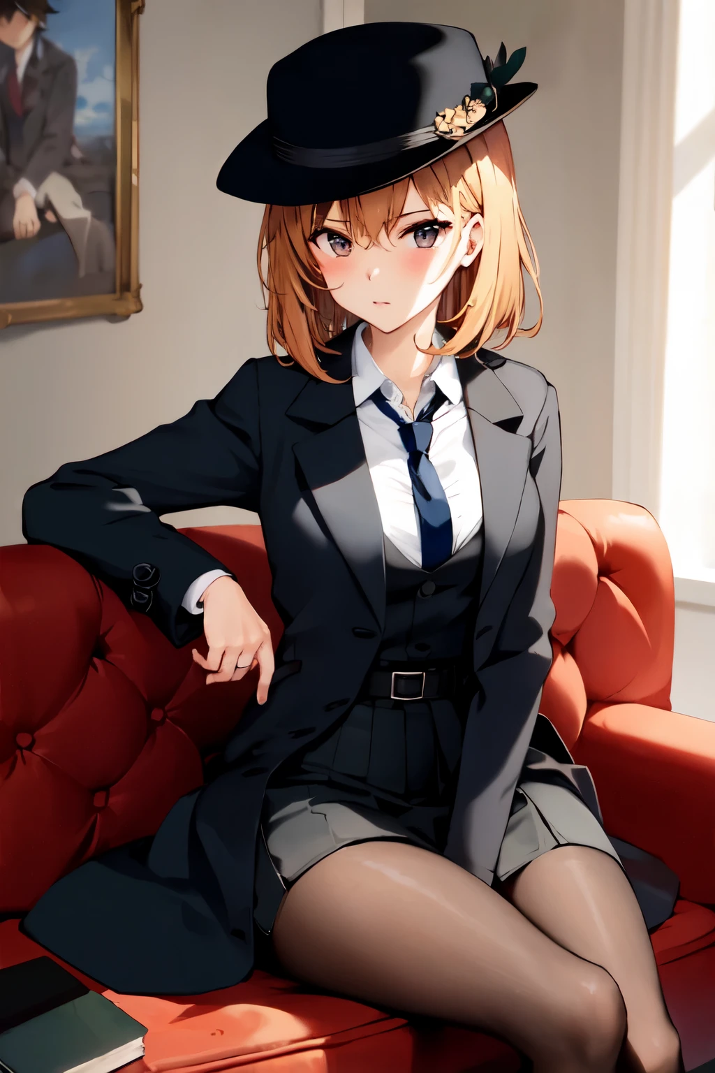 ((detective girl)), mature, anime, masterpiece, best quality, black trench coat, fedora, suit:, dresss shoes, tie, deerstalker hat, sitting on sofa, (cross-legged:1.2), office background, upper view, finger nails, quintessential , Fixhand, hand on sofa, serious