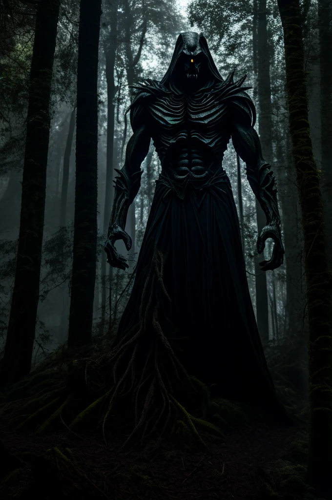 Faceless humanoid demon, standing in the dark forest