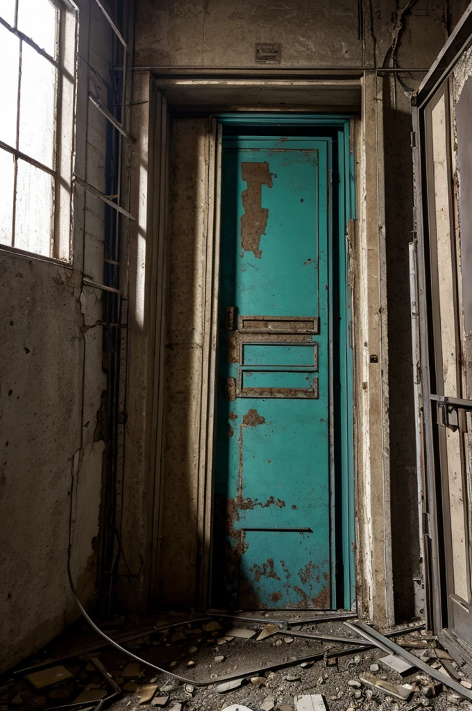 A huge old metal door in an abandoned laboratory in terrible condition 