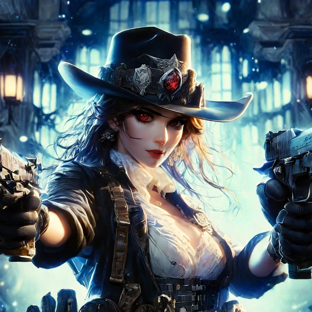 ((masterpiece,best quality)),8k wallpaper,1girl, long hair, red hair, solo, dress, red eyes, looking at viewer, long sleeves, standing, building, white dress, gloves, hair ornament, black jacket, smile, floating hair, dutch angle, closed mouth, looking away, outdoors