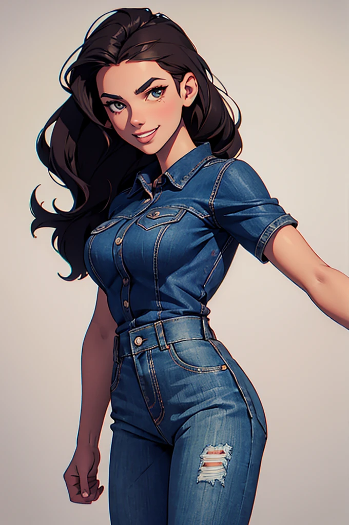 cartoon, tall, american facial features, Gorgeous and sultry busty, happy, dark long brunette, straight hair, sharp facial features, big smile, white teeth, slim athletic, large breasts and a long face, dark blue ripped jeans, ice hockey shirt. One character only