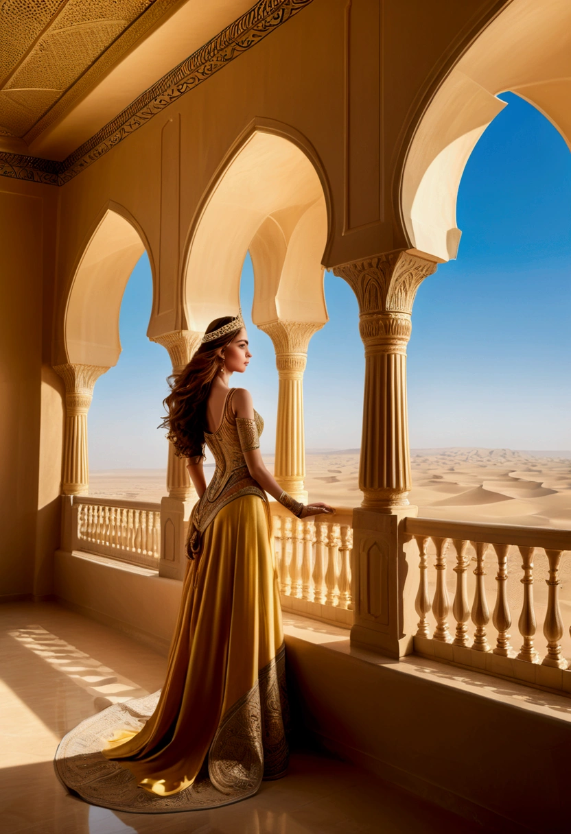 (a Desert Princess), In the golden sandstone palace deep in the desert, the desert princess standing on the palace balcony looks out at the boundless desert. The palace is decorated luxuriously, with golden curtains fluttering in the wind, and the background is a golden desert and blue sky, full body, (Photography), panoramic view, award-winning, cinematic still, emotional, vignette, dynamic, vivid, (masterpiece, best quality, Professional, perfect composition, very aesthetic, absurdres, ultra-detailed, intricate details:1.3)