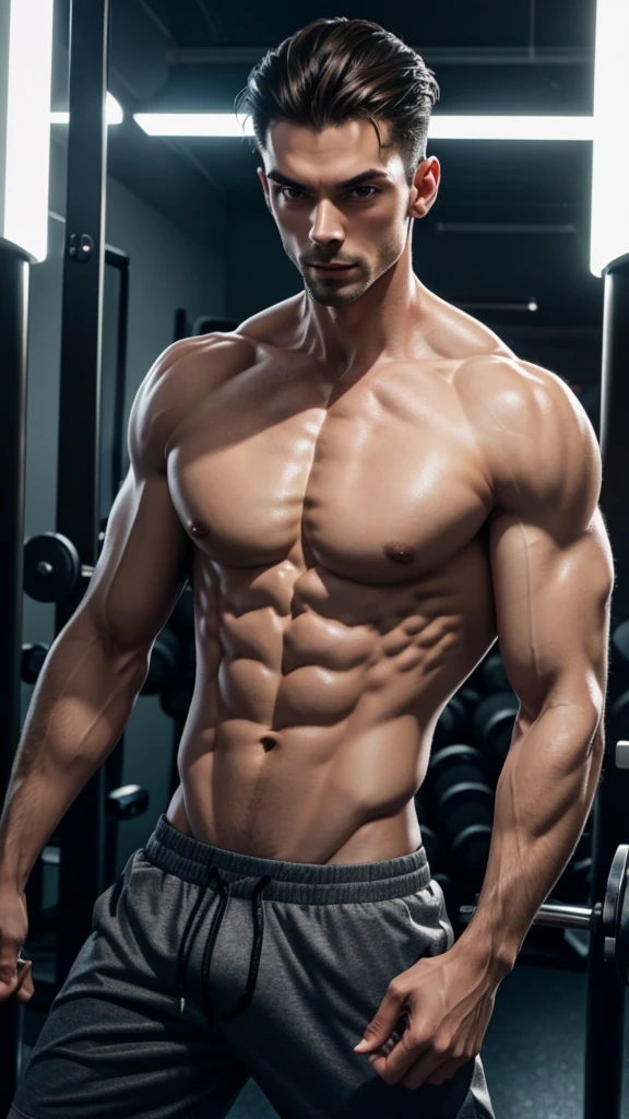 Create a thumbnail image showing a thin man showing off his undefined chest in a modern gym environment with LED lighting