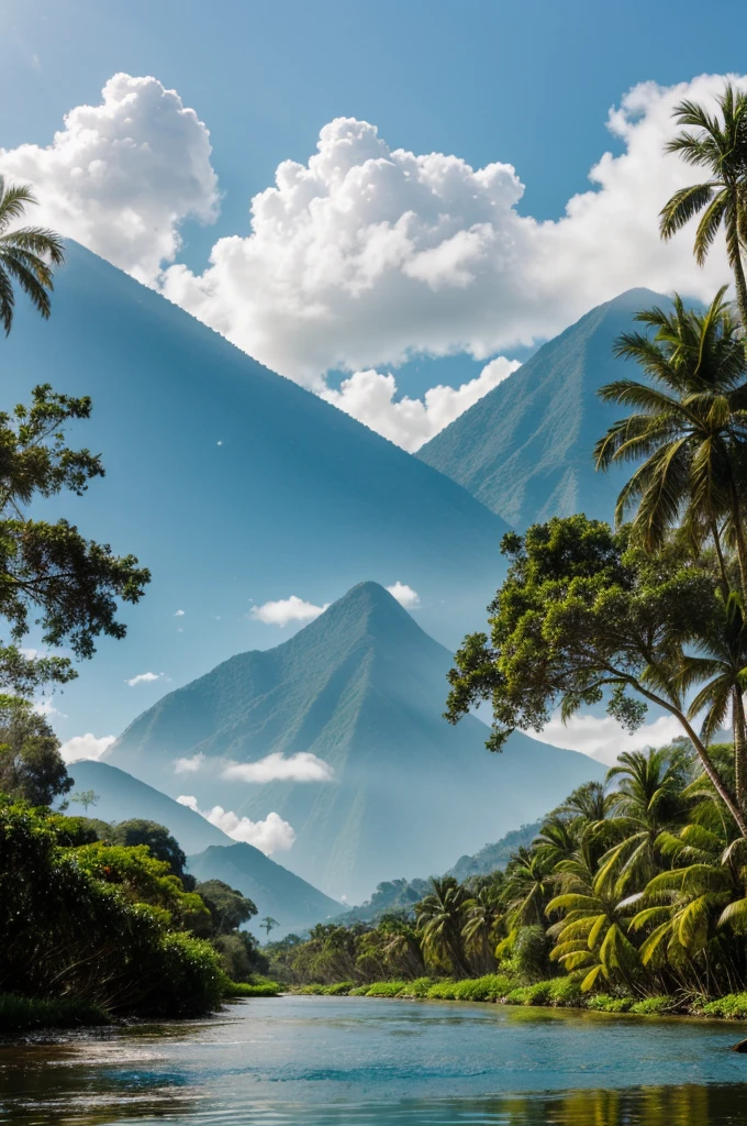 I want a typical Colombian landscape that has palm trees, mountains and a river in the mitas In the foreground, you have tall palm trees that rise majestically towards the blue sky. As your gaze moves towards the horizon, you can see imposing mountains covered with lush vegetation, with green and brown tones. Between the mountains, a crystal clear river meanders, reflecting the brightness of the sun that filters through the white clouds in the sky. The atmosphere is calm and serene, with the soft sound of flowing water and the rustle of leaves moving in the breeze. with bright colors, and yellow butterflies, with a branch crossed that has a macaw and many palm trees