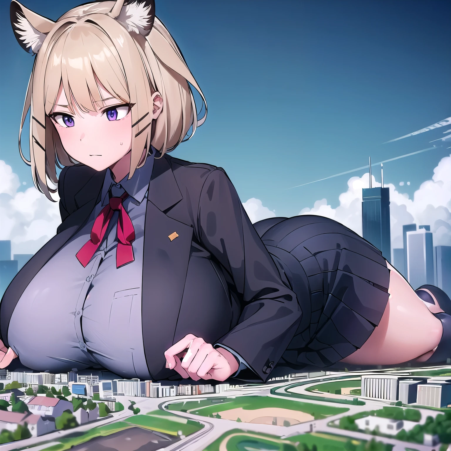 giantess, business suit, Only one girl, Lying down, ((Super huge high school girl bigger than a island)), Pleasure, Trying to crush a miniature metropolis, ((destroyed city)), erect nipples, Long legs, No chest leakage, crash city, tiny city, micro city, gym room, big assa, city, giga giantess, huge craters, Woman crushing a building, ravines, cracks in the ground, earthquak, null, blue sky, City, ((Background on the street)), (((The Girl Who Crushes the City))), White gloves, Black Loafers, first-person view, anime, best quality, masterpiece, highres,utage_arknights