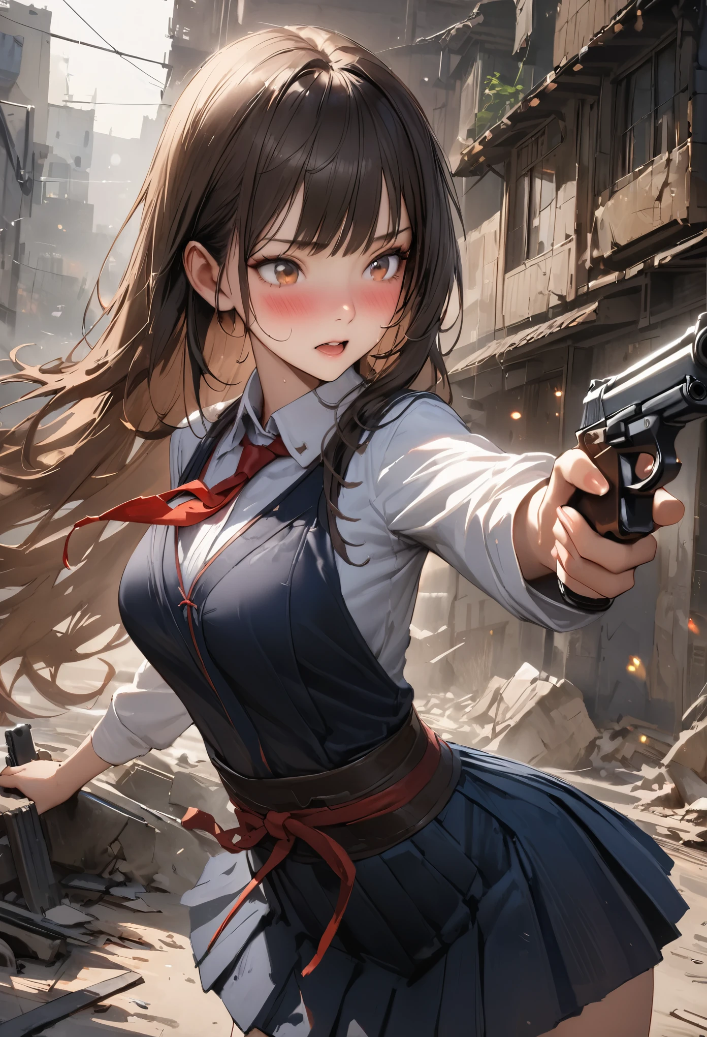 Action Scenes、((A detailed depiction of a woman holding a handgun))、((masterpiece,Highest quality:1.3,best quality illustratio)),realistic,cowboy shot,独奏,1woman,(18-year-old、Japanese Beauty),dark brown hair,long hair,bangs,brown eyes,gorgeous eyes,(very small head:1.3),blush,Heavy breathing,(very long body:1.2,skinny),medium breasts,(Red ribbon tie、White long sleeve collared shirt、Navy blue pleated mini skirt),gleaming skin,toned body,slender body,sweat,(shooting、Firing stance),Ruined city、Collapsed building、、World of Blade Runner、