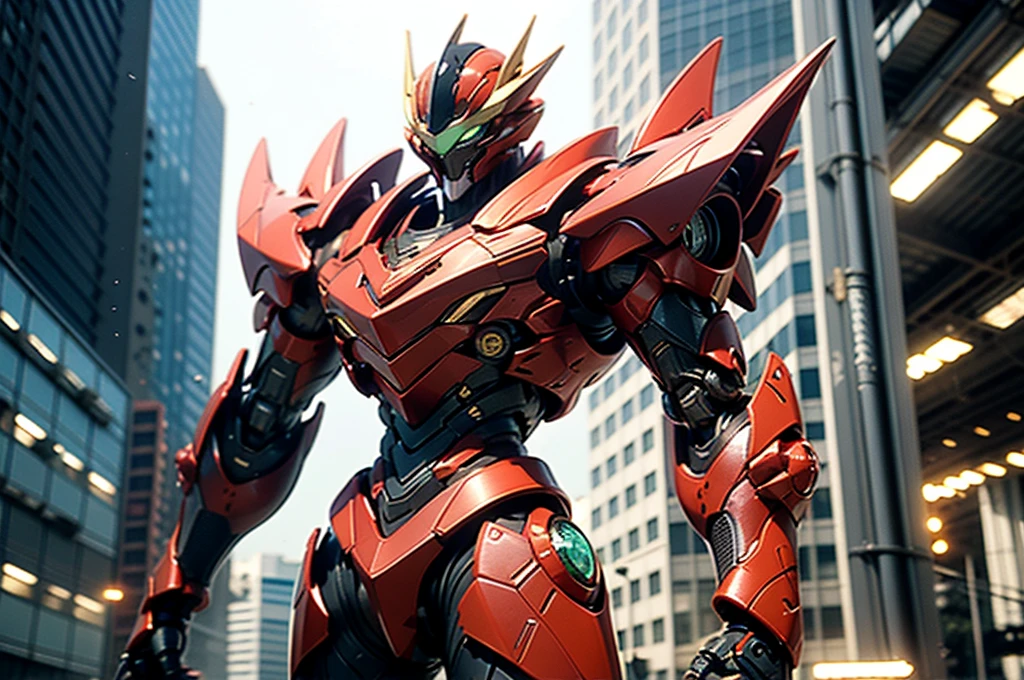 A man wearing a full face helmet., a fantasy-style biotech armored combat suit, green eyes, (a composite layered chest armor), fully closed shoulder pads, matching arm and leg protectors, the belt is adorned with fangs that bite into the gem., (The color scheme is mainly black with red details), design balances heavy with agility, a high-tech biomechanical armor, (Lion inspired armor concept, stand on top of a skyscraper in a futuristic sci-fi city), This character embodies a surreal fantasy style armored hero finely crafted in anime style, exquisite and mature manga art style, (element, plasma, energy, the armor shines), ((male:1.5)), metallic, real texture material, dramatic, High Definition, Best Quality, high resolution, ultra detailed, ultrafine paint, extremely delicate, professional, perfect body proportions, golden ratio, anatomically correct, symmetrical face, extremely detailed eyes and face, high quality eyes, Creativity, photo and gross, UHD, 32k, natural light, cinematic lighting, Masterpiece-anatomy-perfect, Masterpiece:1.5