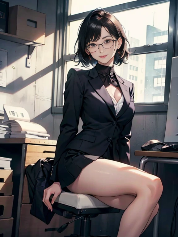 Browsing Caution, アニメ、Attractive office lady,28 years old,Black Hair,Medium Hair,Brown eyes,Highest quality、Unity 8k wallpaper、32k、masterpiece、Ultra-detailed、Ultra-high resolution、Natural Light、(Very detailed and complex)、Beautiful face and eyes in every detail、Sharp pupils、smile、High heels、Woman in skirt and shirt sitting on the desk, office服, on the desk, Sit at a desk, Sitting at a desk,Bent knees、Spread your legs、Spread your legs、Panty shot、 Business casual attire, Sexy、Business Attire,office, At work, Wearing glasses, Fully clothed, business attire, Embarrassing, smile、business suit、Cleavage、Sexy,Angle from below,Dynamic Angle