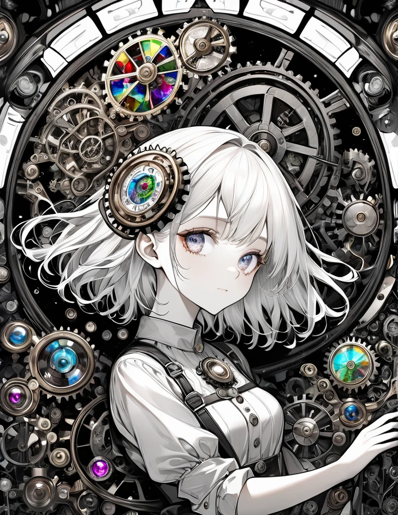 best quality, super fine, 16k, incredibly absurdres, extremely detailed, delicate and dynamic, stained glass kaleidoscope made of jewels of various colors, with mechanical mechanisms, clockwork mechanisms, and gear mechanisms, monochrome girl peering into it, iridescent world artwork 