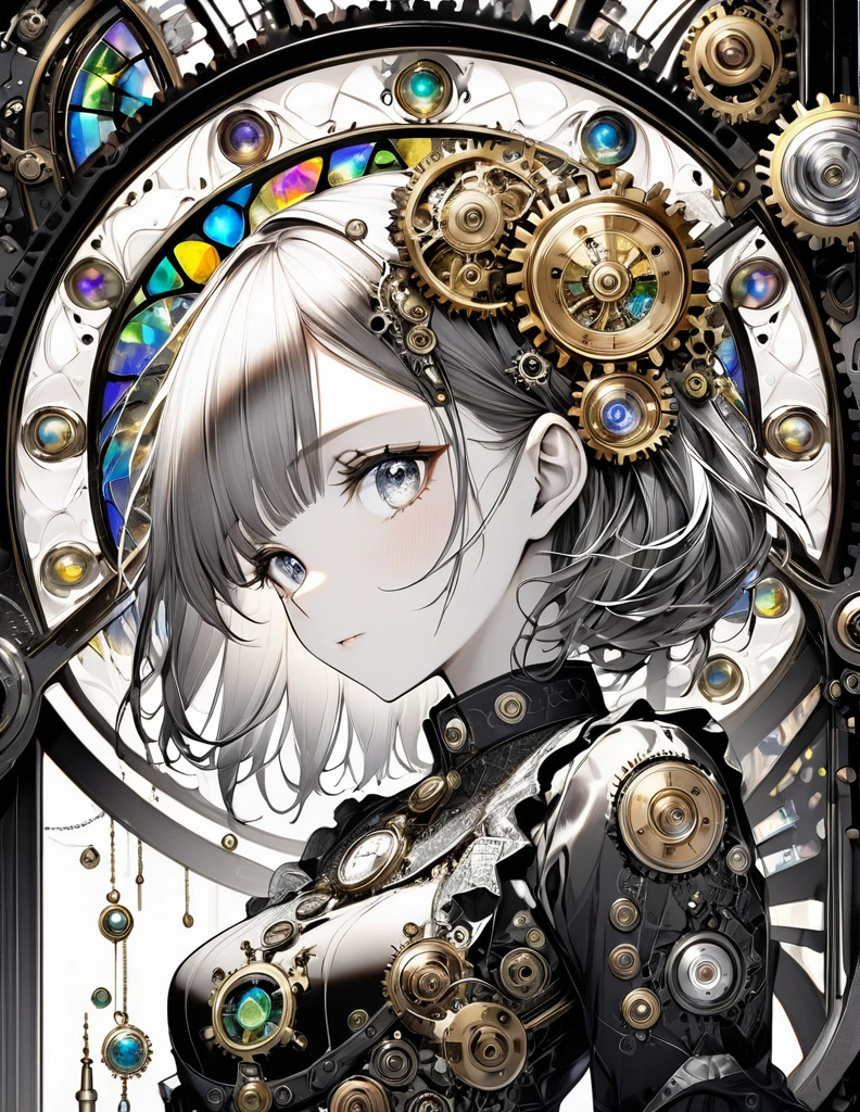 best quality, super fine, 16k, incredibly absurdres, extremely detailed, delicate and dynamic, stained glass kaleidoscope made of jewels of various colors, with mechanical mechanisms, clockwork mechanisms, and gear mechanisms, monochrome girl peering into it, iridescent world artwork