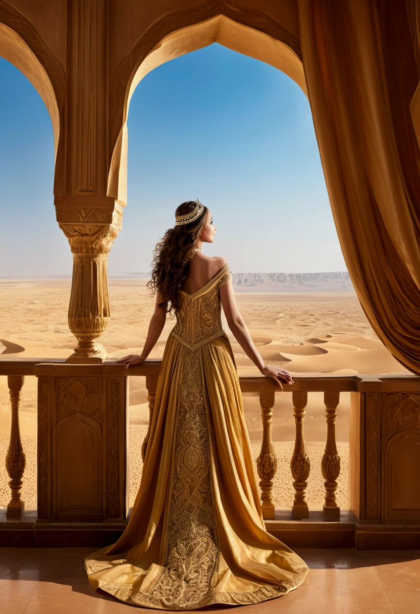 (a Desert Princess), In the golden sandstone palace deep in the desert, the desert princess standing on the palace balcony looks out at the boundless desert. The palace is decorated luxuriously, with golden curtains fluttering in the wind, and the background is a golden desert and blue sky, full body, (Photography), panoramic view, award-winning, cinematic still, emotional, vignette, dynamic, vivid, (masterpiece, best quality, Professional, perfect composition, very aesthetic, absurdres, ultra-detailed, intricate details:1.3)