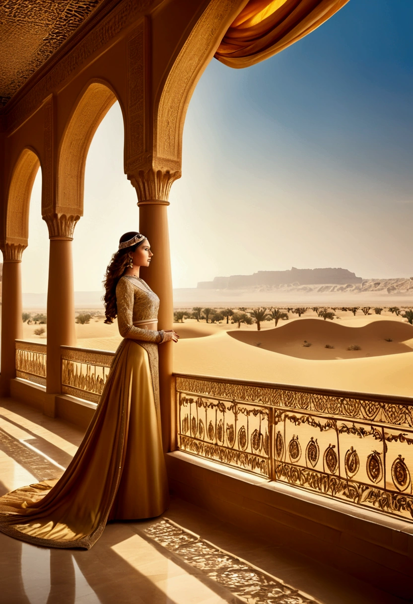 (a Desert Princess), In the golden sandstone palace deep in the desert, the desert princess standing on the palace balcony looks out at the boundless desert. The palace is decorated luxuriously, with golden curtains fluttering in the wind, and the background is a golden desert and blue sky, full body, (Photography), panoramic view, award-winning, cinematic still, emotional, vignette, dynamic, vivid, (masterpiece, best quality, Professional, perfect composition, very aesthetic, absurdres, ultra-detailed, intricate details:1.3)