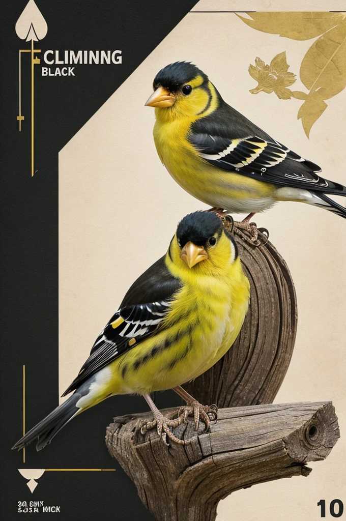 Design Specifications:
Background: White

Text Colors:
- Bird's Name: Bold Black
- Scientific Name: Red (Italicized)
- Attributes and Values: Black (Attributes), Green (Values for emphasis)
- Descriptions and Facts: Black

Card Layout:
Bird's Name and Scientific Name:
- Name: "American Goldfinch (Wild Canary)"
- Scientific Name: Spinus tristis

Illustration:
- Central illustration of the American Goldfinch

Attributes:
- Power: 31 (Black), Beauty: 73 (Black), Speed: 56 (Black), Final Points: 160 (Green)

Description:
- Food: Nectar, insects
- Size: 9-10 cm
- Weight: 3-6 g
- Height: 7-8 cm
- Age: Up to 8 years
- Nature: Aggressive, territorial
- Country: United States, Canada
- Interesting Facts: "They are capable of flying up to 30 miles per hour."

Layout Visualization (Premium Quality - Playing Card):
Front Design:
- Bird's Name: "American Goldfinch (Wild Canary)" in bold black at the top.
- Scientific Name: "Spinus tristis" in red italics below the common name.
- Bird Illustration: A detailed and accurate image of the American Goldfinch, centered with vibrant colors and lifelike detail.

Attributes Section:
- Power: 31 (black), Beauty: 73 (black), Speed: 56 (black), Final Points: 160 (green). Each attribute should be clearly labeled and formatted for readability and aesthetic appeal.

Description Section:
- Food: Nectar, insects (black). Clearly presented with bullet points for easy reading.
- Size: 9-10 cm (black).
- Weight: 3-6 g (black).
- Height: 7-8 cm (black).
- Age: Up to 8 years (black).
- Nature: Aggressive, territorial (black).
- Country: United States, Canada (black).
- Interesting Facts: "They are capable of flying up to 30 miles per hour." (black). Highlighted to stand out within the description section.

Design Notes:
- Ensure all text is crisp and legible against the white background.
- Use high-resolution images and precise detailing for the illustration of the American Goldfinch.
- Maintain a balanced and aesthetically pleasing composition suitab