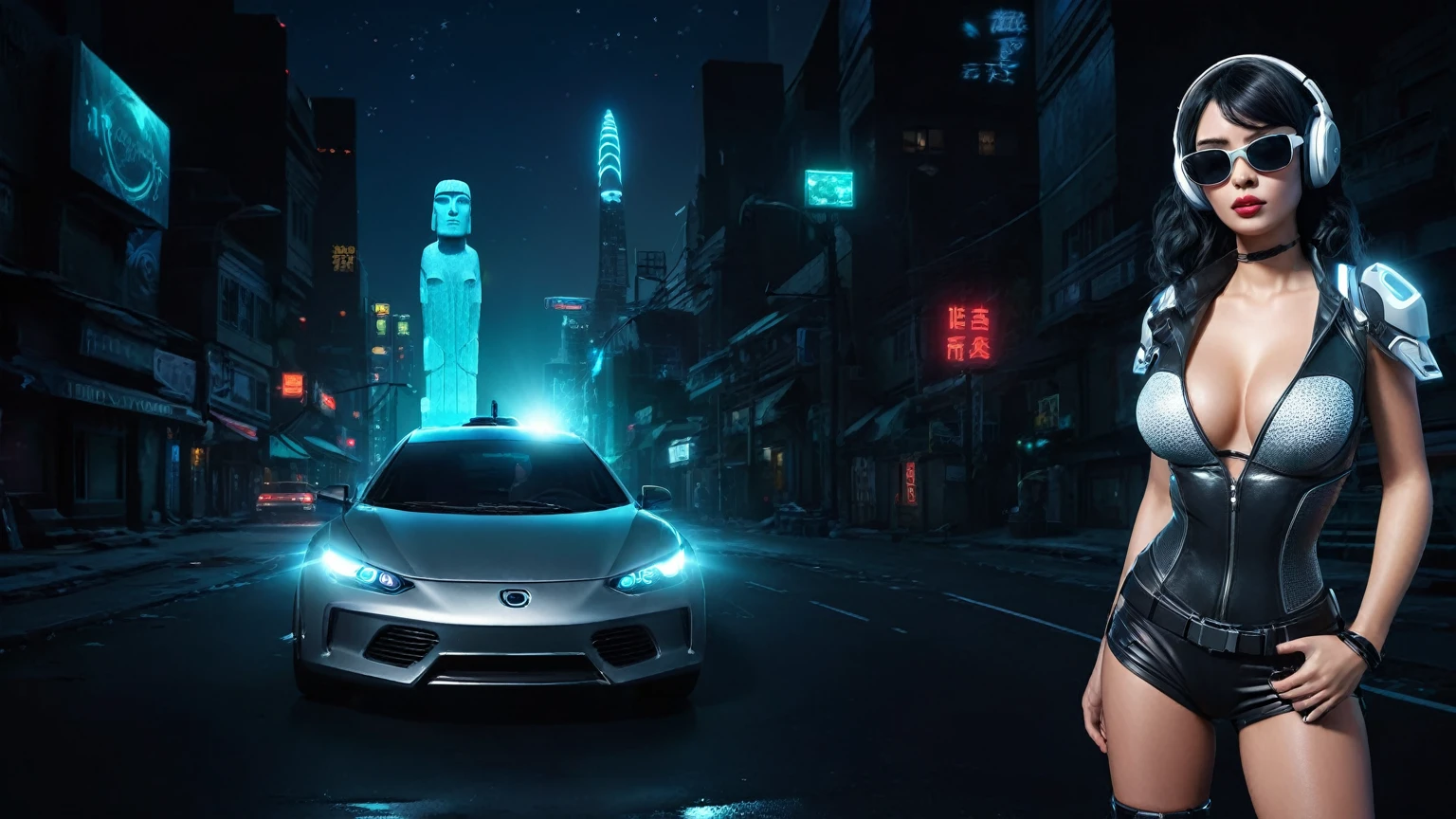 At night, dark sky, distant shot aerial view of fantasy cyberpunk style ice ((Moai-statue)) city, ((flying car)). ((1girl, solo, alone)), medium-breast:1.1 slim body, cleavage, sexy clothes, (headphone, black sunglasses, long black realistic hair), (((hip-up standing and holding pistol))), (((((half-body thigh level medium shot))))), cinematic lighting, lens flare, ray tracing.