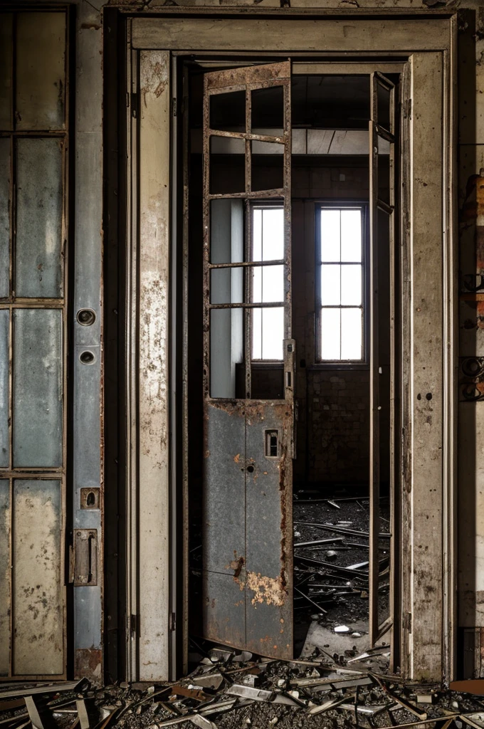 A huge old metal door in an abandoned laboratory in terrible condition