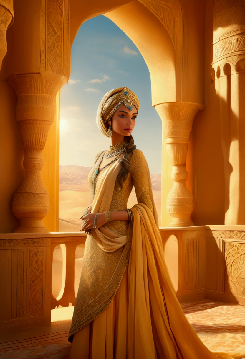 (a Desert Princess), In the golden sandstone palace deep in the desert, the desert princess standing on the palace balcony looks out at the boundless desert. The palace is decorated luxuriously, with golden curtains fluttering in the wind, and the background is a golden desert and blue sky, full body, (Photography), panoramic view, award-winning, cinematic still, emotional, vignette, dynamic, vivid, (masterpiece, best quality, Professional, perfect composition, very aesthetic, absurdres, ultra-detailed, intricate details:1.3)
