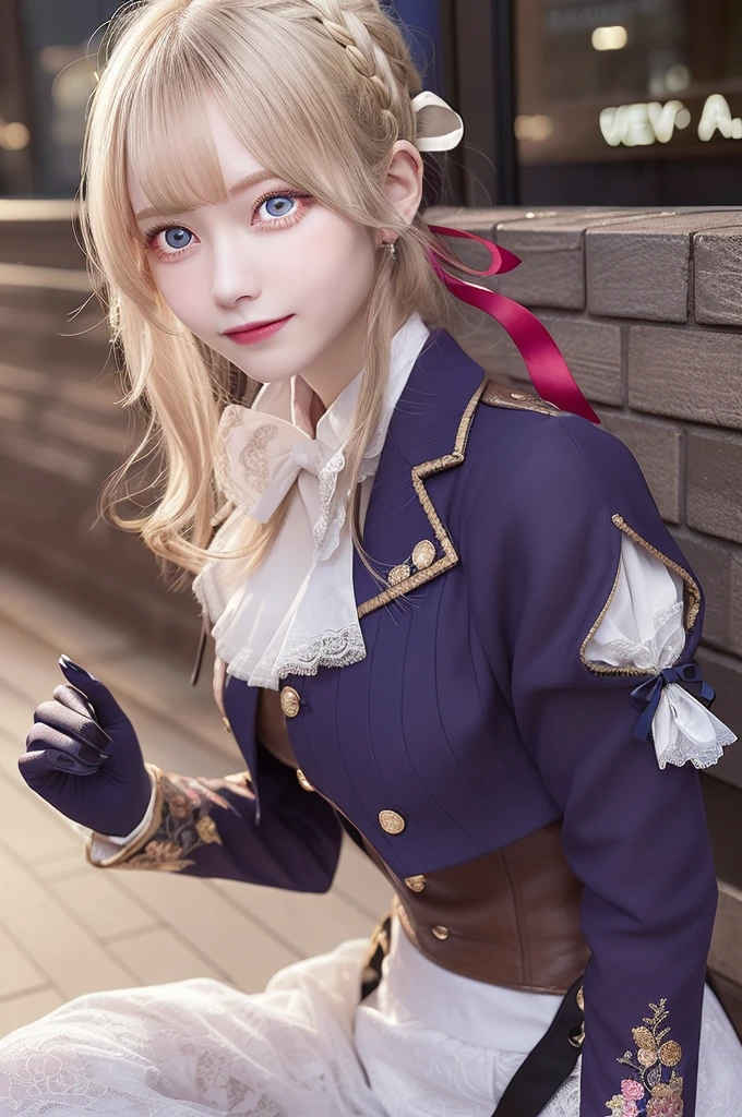 Violet Evergarden, Violet Evergarden, Blonde hair, Hair Ribbon, bow ribbon, Short hair, Braids, hair braids, Red Ribbon, maturefemale,
Blake Blue Jacket, Brown gloves, Cropped jacket, Dress, gloves, Green brooch, Jacket, juliet sleeves, Long sleeves, Puffy sleeves, White Dress,
BREAK looking at viewer,
BREAK outdoors, city,
BREAK (masutepiece:1.2), Best Quality, High resolution, Unity 8k Wallpaper, (Illustration:0.8), (Beautiful detailed eyes:1.6), extra detailed face, Perfect Lighting, extremely details CG, (Perfect hands, Perfect Anatomy),A smile、japanes、black eyes