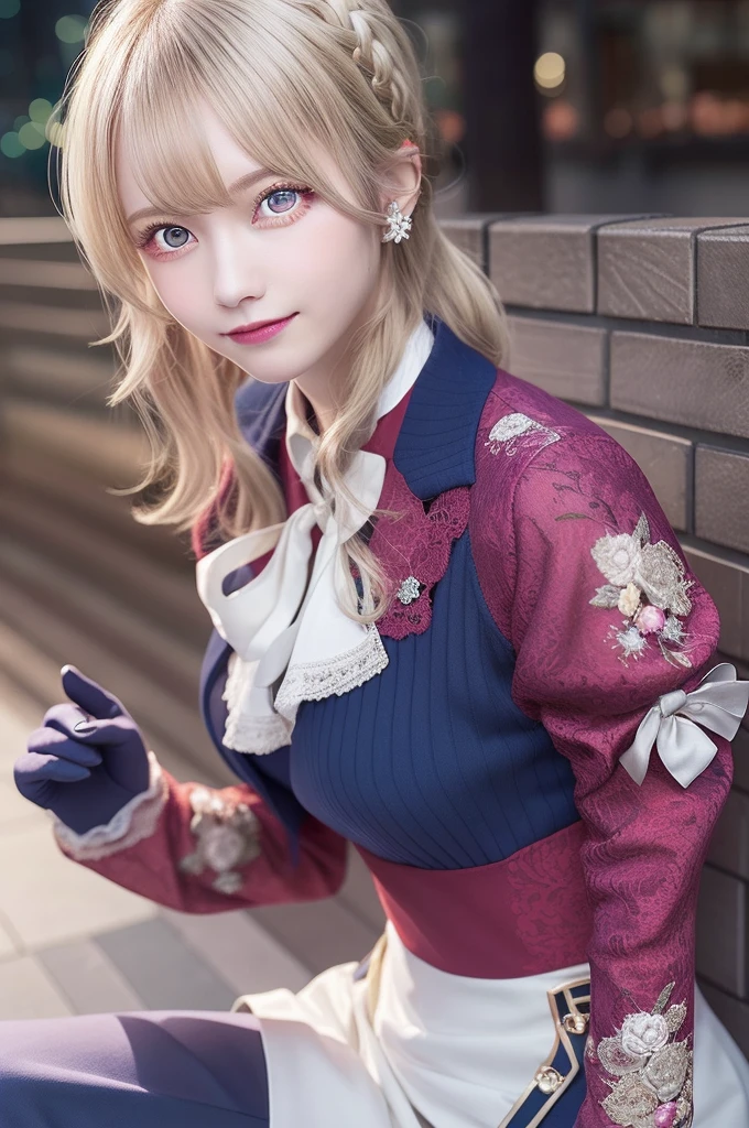 Violet Evergarden, Violet Evergarden, Blonde hair, Hair Ribbon, bow ribbon, Short hair, Braids, hair braids, Red Ribbon, maturefemale,
Blake Blue Jacket, Brown gloves, Cropped jacket, Dress, gloves, Green brooch, Jacket, juliet sleeves, Long sleeves, Puffy sleeves, White Dress,
BREAK looking at viewer,
BREAK outdoors, city,
BREAK (masutepiece:1.2), Best Quality, High resolution, Unity 8k Wallpaper, (Illustration:0.8), (Beautiful detailed eyes:1.6), extra detailed face, Perfect Lighting, extremely details CG, (Perfect hands, Perfect Anatomy),A smile、japanes、black eyes