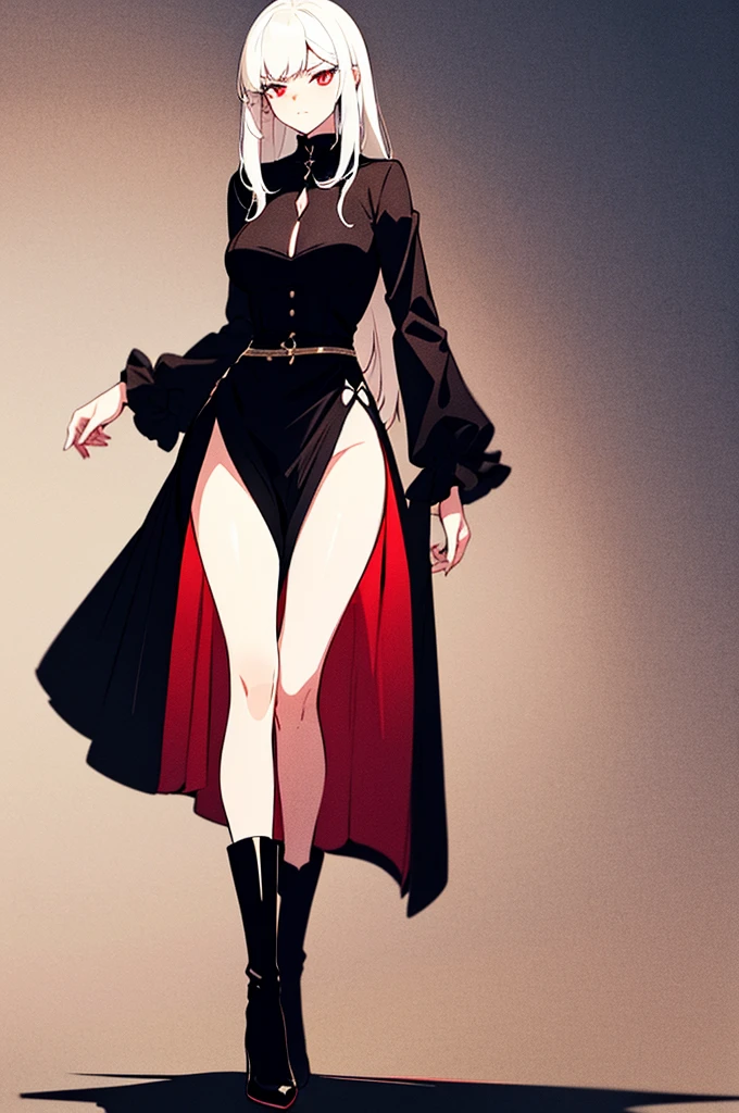 Girl, 20 years old, with long white hair down to below her waist, a serious yet tender expression, and red eyes. Her hair features black streaks. She wears antique-style clothing, a long black dress with a slit on the legs, and high black boots that almost reach her knees. Her power and background are related to shadows and darkness.