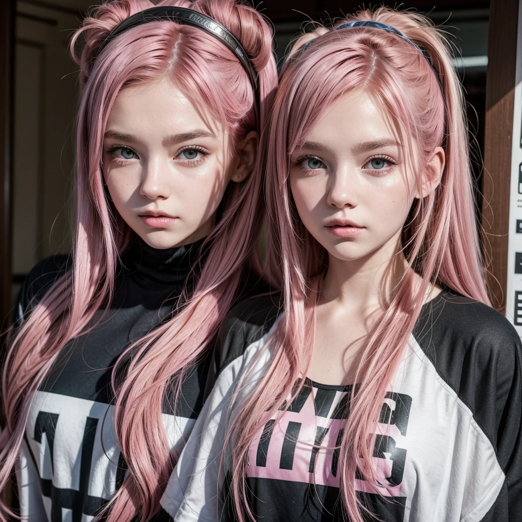 pink hair girl, pretty, brunette fur, is 17 years old. punk rock style, modern. It's in a country town, at the entrance of an American public school. Some students around. Wear eye makeup and red lipstick. half drag, Black jacke, white t-shirt with black writing. Your face is joyful