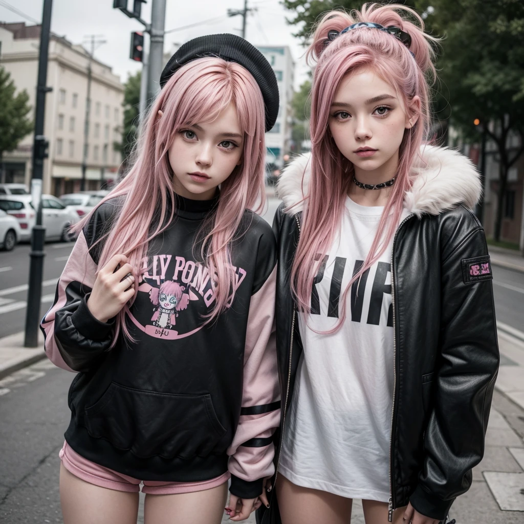 pink hair girl, pretty, brunette fur, is . punk rock style, modern. It's in a country town, at the entrance of an American public school. Some students around. Wear eye makeup and red lipstick. half drag, Black jacke, white t-shirt with black writing. Your face is joyful