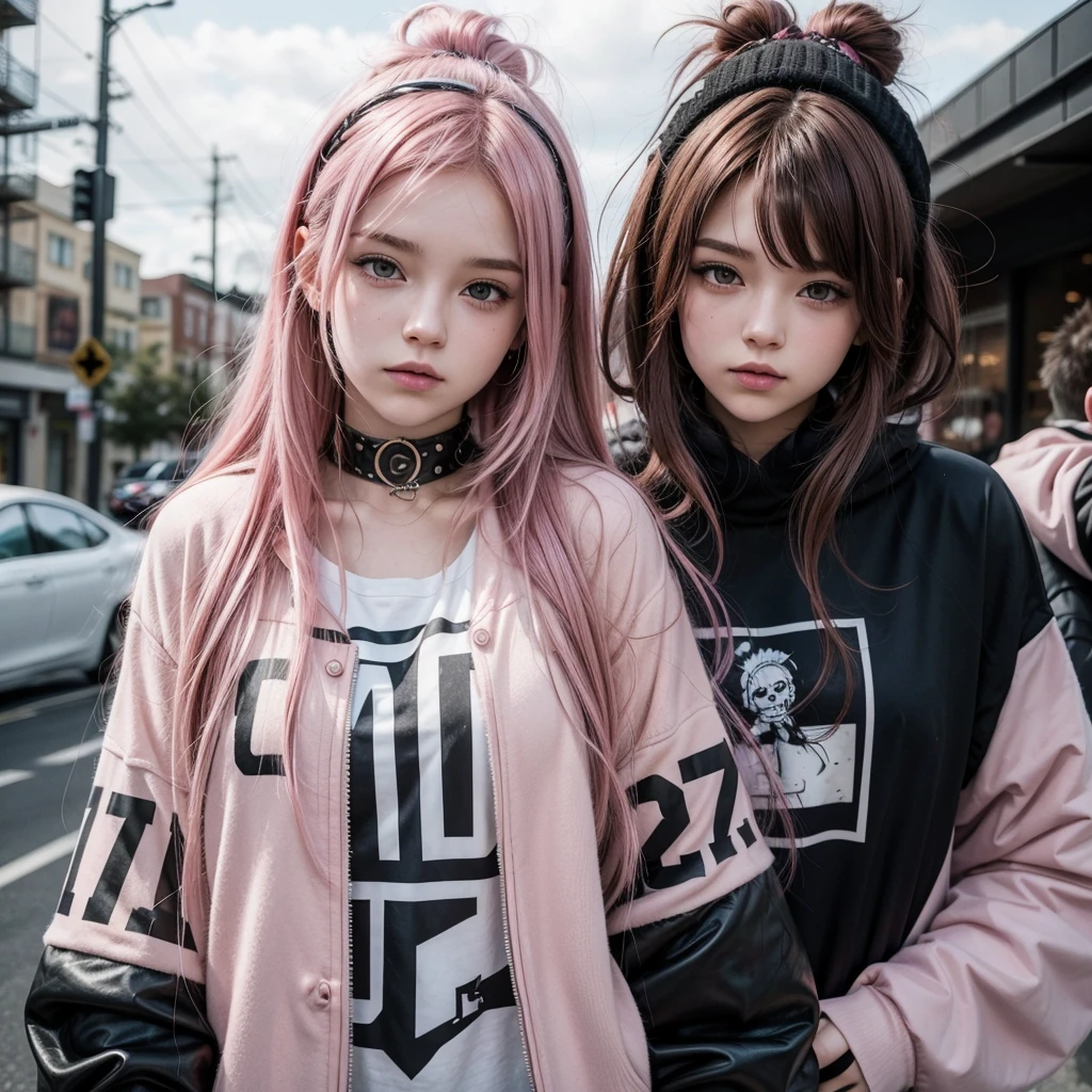 pink hair girl, pretty, brunette fur, is 17 years old. punk rock style, modern. It's in a country town, at the entrance of an American public school. Some students around. Wear eye makeup and red lipstick. half drag, Black jacke, white t-shirt with black writing. Your face is joyful