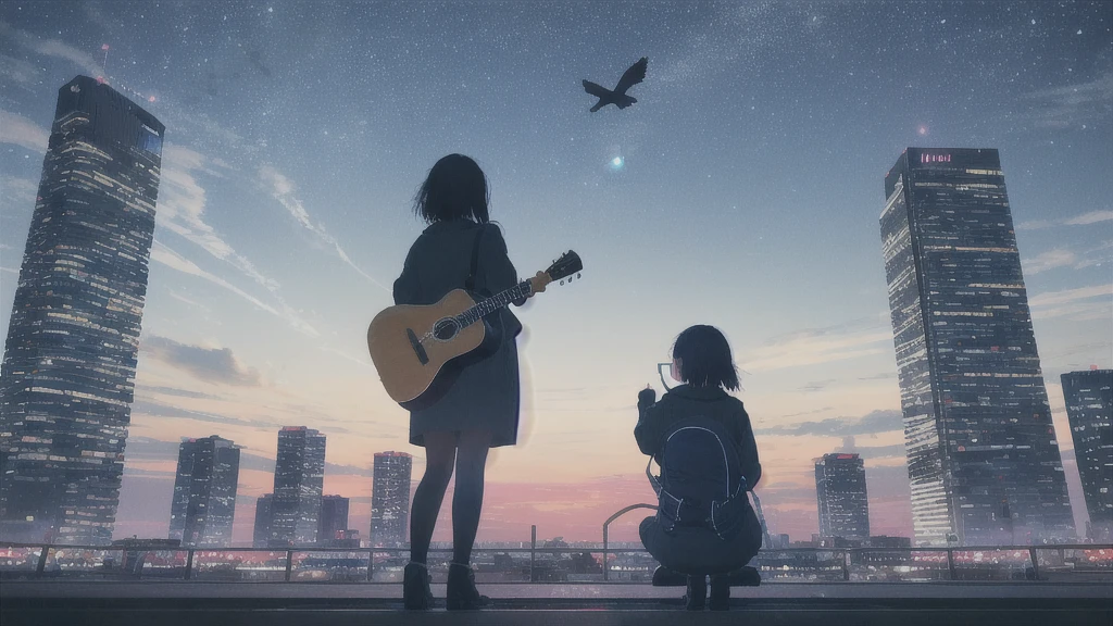 Acoustic guitar,真っ暗なnight空,Octane, star (null), scenery, Blue parakeet,Acoustic guitarは身体の前,star, night, Girl, Back view, Outdoor, city,Blue parakeet,building, cloud, milky way,silhouette