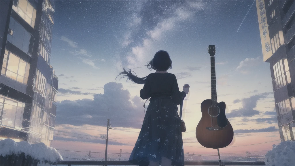 Acoustic guitar,真っ暗なnight空,Octane, star (null), scenery, Blue parakeet,Acoustic guitarは身体の前,star, night, Girl, Back view, Outdoor, city,Blue parakeet,building, cloud, milky way,silhouette