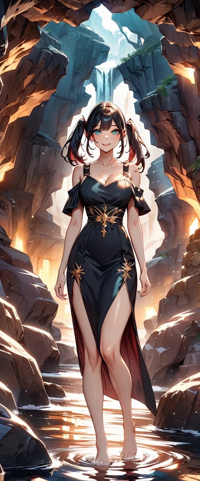 Photo of a woman with natural skin, Seaside cave, The light is shining in, Upper Body, Smiling, High Twintails, Black hair with red mesh, Sharp eyes with red eyeshadow, Blue-green eyes, Shining eyes, A thin, upturned nose, Well-shaped lips, Big Breasts, ((Black off-the-shoulder dress, Thin shoulder straps)), barefoot, Makeup, Exquisitely crafted with the utmost attention to detail, Vibrant, amazing, Smooth, Cinematic, 4K, Backlight, (()), Shallow depth of field, ((Detailed eyes:1.3, Detailed lips:1.3, high quality, )), masterpiece, Super detailed images, High quality