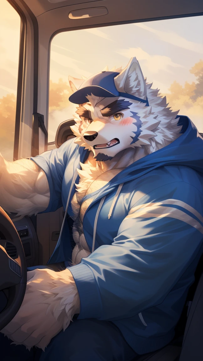 (Vision:1.5), solitary, anthropology, hairy, hairy male, Wolf, ((Fluffy fur, Fluffy, hairy body)), (wolf print), (Thick eyebrows), youth, muscular, White pectoral muscles, White fur, Golden pupils, Detailed teeth, defaced face, fundos, driver, Blue Plaid Hoodie, Baseball cap, cab里, Driving, sideways, Serious expression, blush, (Dynamic poses:1.5), Clear facial features, Strong, majestic, alone, panoramic, Fog atmosphere, early morning, Tyndall Light Effect, cab, Sunlight through the car window, (By Empty Ghost, From wolf20, masterpiece, high quality, high resolution,8K)