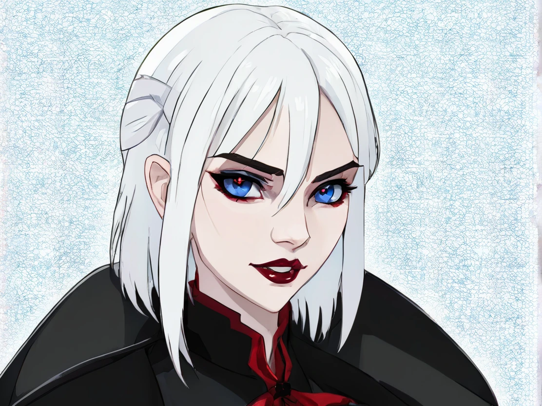 A young woman with white hair and red tips, a vampire, vampire canines, blue eyes, eye patch, short hair, female physique, Discord PfP, fantasy, vampire,long canines, rice teeth