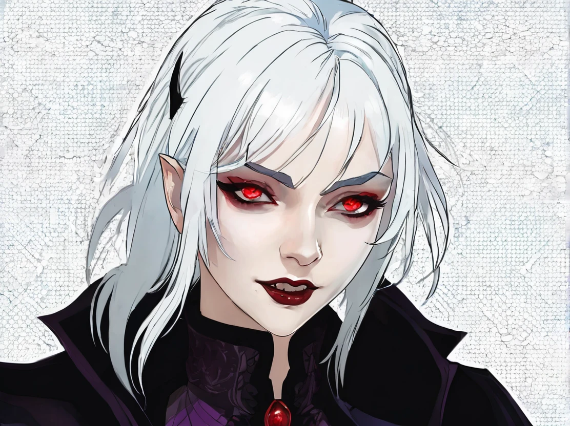 A young woman with white hair and red tips, a vampire, vampire canines, blue eyes, eye patch, short hair, female physique, Discord PfP, fantasy, vampire,long canines, rice teeth