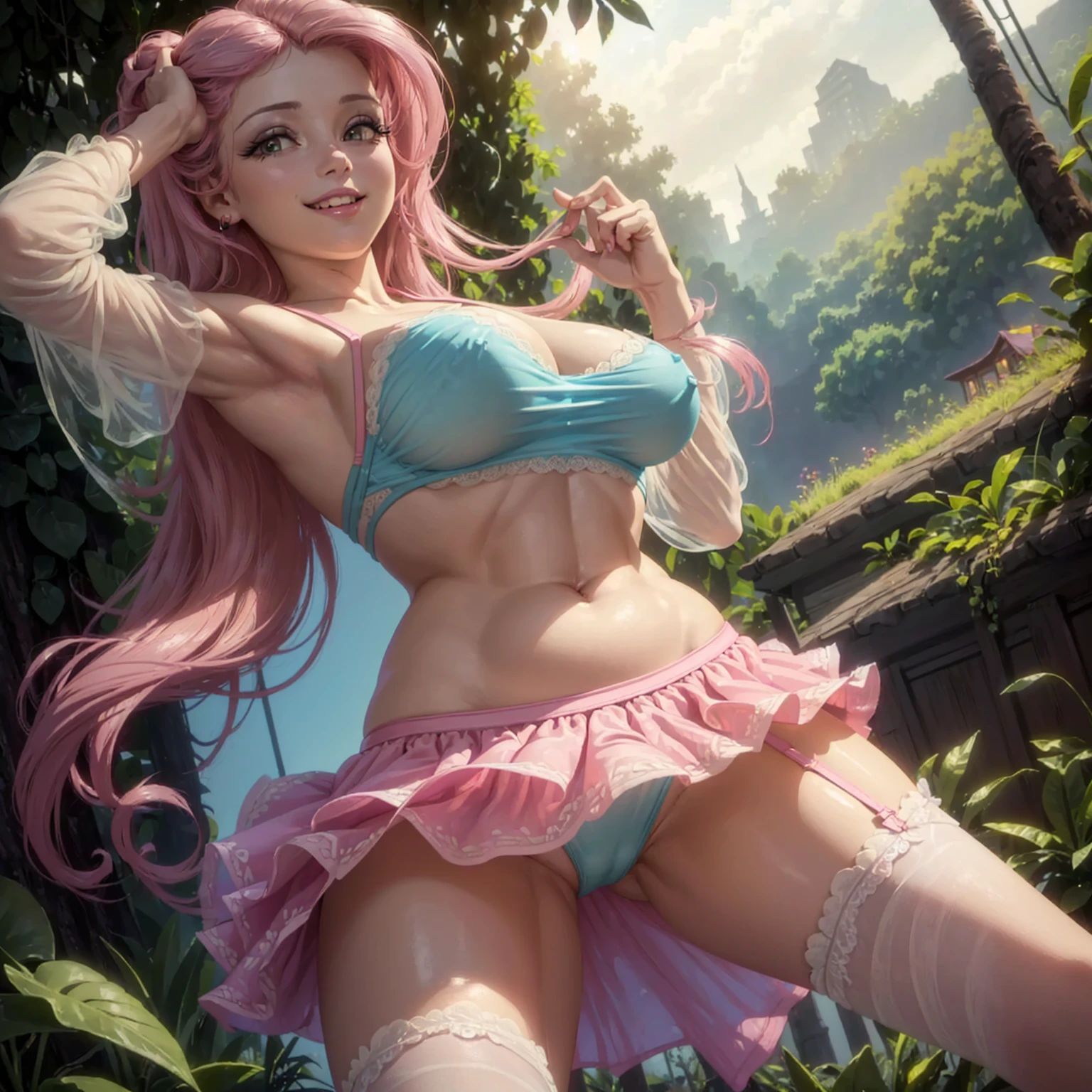 (((beautiful female body))),(((fluttershy as a sweet charming hot seductive horny model))) ,(((stand hold a pink lace skirt with hands)))), (((outdoor))),(((jungle in background))),(((lewd and erotic posing))), (((happy wicked smile))) ,(((wear seven colors sheer lace transparent see through very short bra))) , (((((upskirt view))))) , breasts are visible , (((wear high heels))) , (((full body))),golden bracelets , (((perfect big breasts))) , lush breasts , Bulky Breasts , voluminous breasts ,(((peeping the viewer))),(((bare belly))),(((side close upskirt view)))