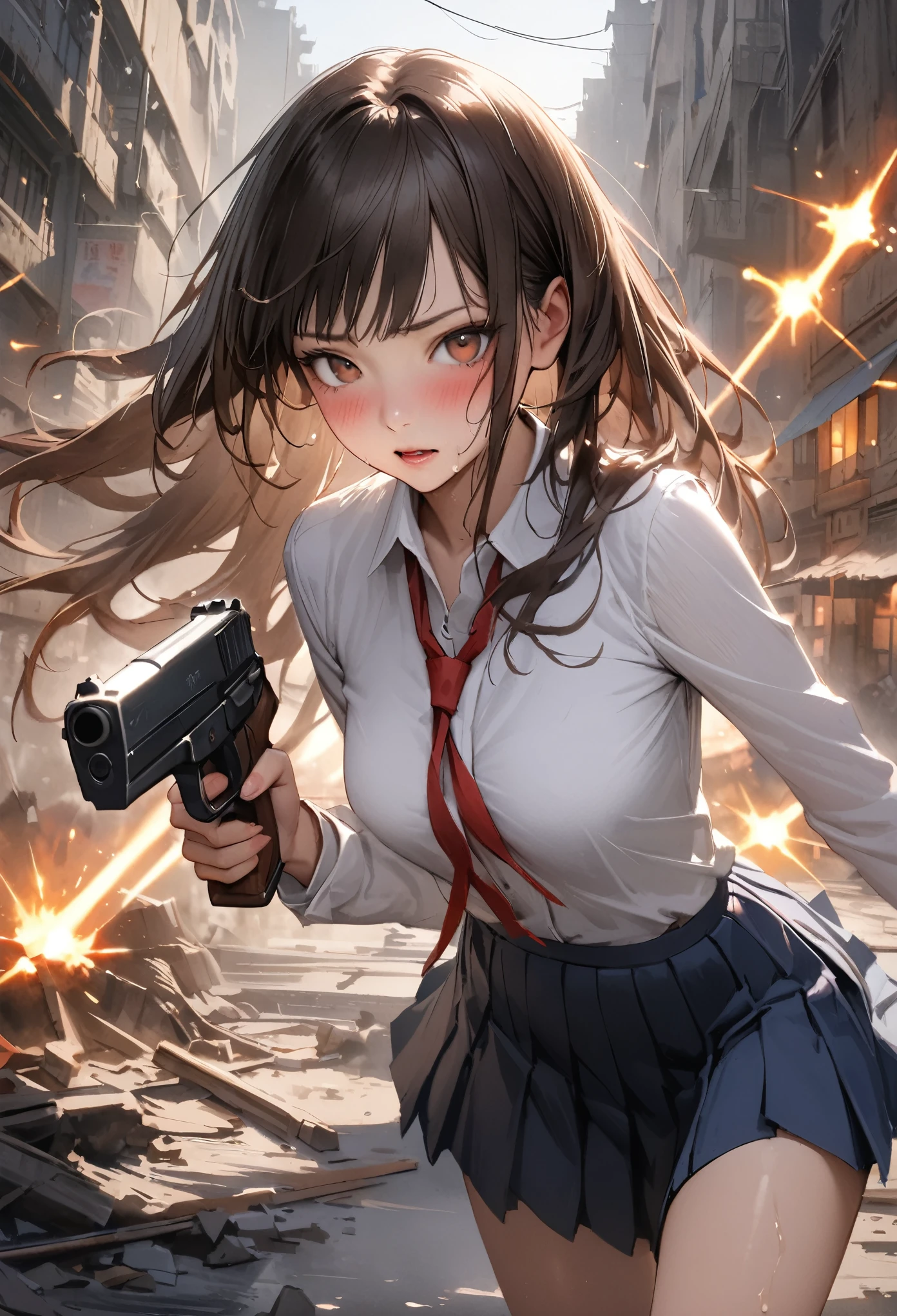Action Scenes、((A detailed depiction of a woman holding a handgun))、((masterpiece,Highest quality:1.3,best quality illustratio)),realistic,cowboy shot,独奏,1woman,(18-year-old、Japanese Beauty),dark brown hair,long hair,bangs,brown eyes,gorgeous eyes,(very small head:1.3),blush,Heavy breathing,.(very long body:1.2,skinny),medium breasts,(Red ribbon tie、White long sleeve collared shirt、Navy blue pleated mini skirt),gleaming skin,toned body,slender body,sweat,(shooting、Firing stance),Ruined city、Collapsed building、、World of Blade Runner、