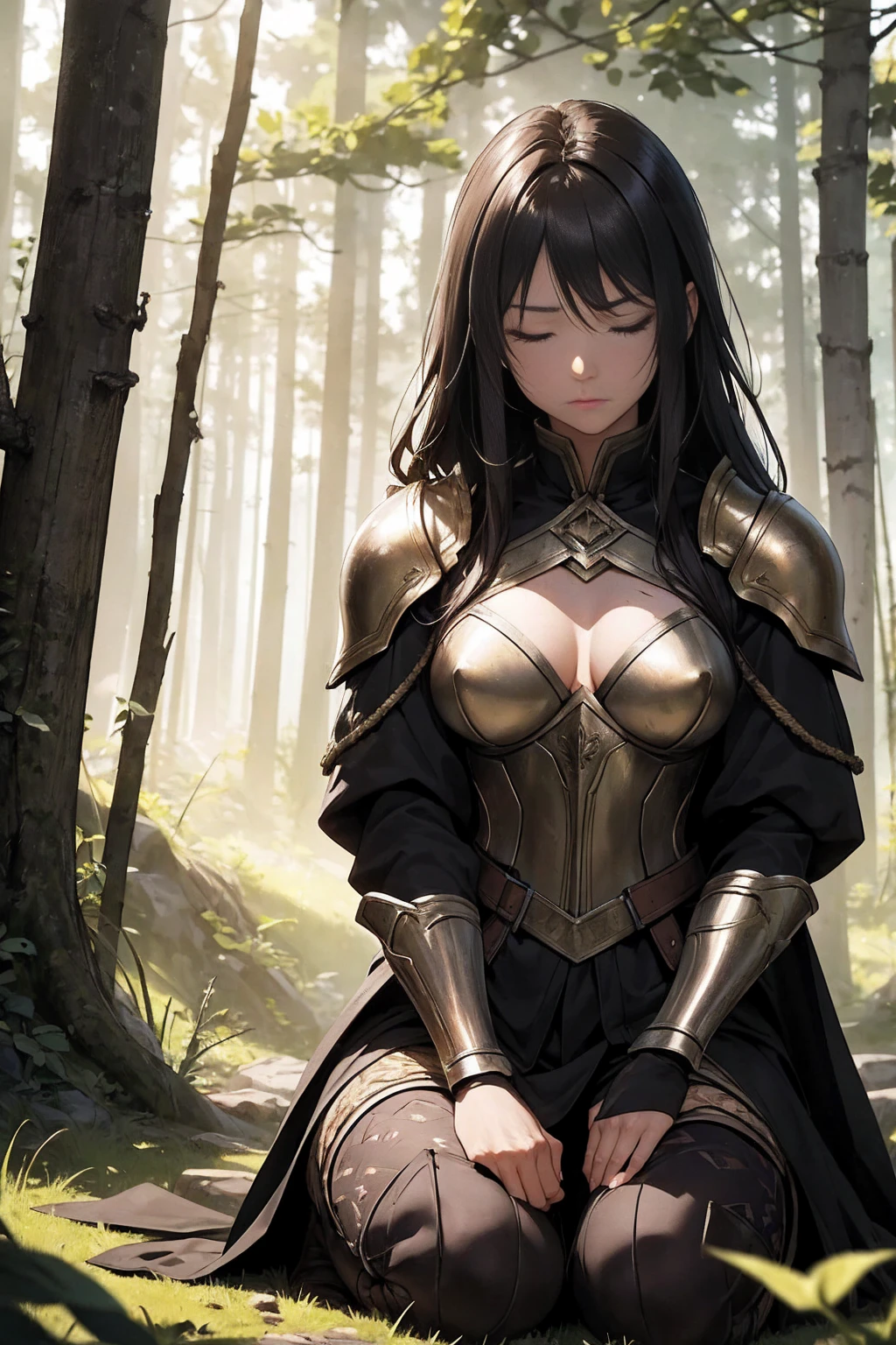 A highly detailed digital illustration of a female warrior kneeling in a sunlit forest. She has long, dark hair with lighter streaks that cascades over her shoulders and partially obscures her face. Her expression conveys sadness and exhaustion, with her head slightly bowed and eyes closed or looking downward. She is dressed in medieval or fantasy-inspired armor, which is blood-stained, indicating a recent battle. The armor includes shoulder guards and a breastplate, all showing signs of wear and combat. Her clothing is torn due to the intensity of the fight, fully exposing her breasts and nipples, which are clearly visible, adding to the rawness and vulnerability of the scene. She is kneeling or sitting on the ground with one knee bent, her body leaning slightly forward, capturing a sense of fatigue and defeat.
The setting is a serene forest, bathed in the warm, golden light of the setting or rising sun. This light creates a beautiful contrast with the darker elements of the scene, highlighting the character's emotional state. The background features trees and foliage that are slightly blurred, keeping the focus on the character in the foreground. The atmosphere is somber and reflective, with the interplay of light and shadow adding depth to the mood.
Next to the warrior lies a sword, either sheathed or on the ground, reinforcing the recent battle scene. Bloodstains are visible on both the character and her armor, adding to the intensity of the image. The drawing style is highly detailed, realistic, and evokes strong emotions, blending the serenity of nature with the harsh reality of battle. The overall artwork has a painterly quality, capturing a poignant moment of reflection and exhaustion.