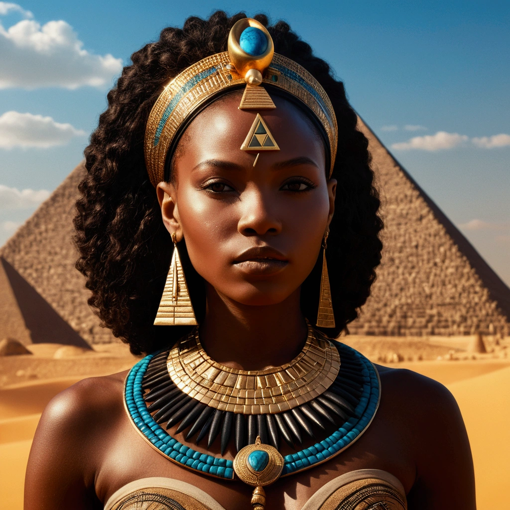 Queen of Kemet, black skin woman, lots of jewelry, in the background pyramids, surreal 8K, Perfect artwork, super detaill, best qualityer, 4K wallpaper aesthetic masterpiece, master part, award winning artwork, offcial art, cinematic lighting